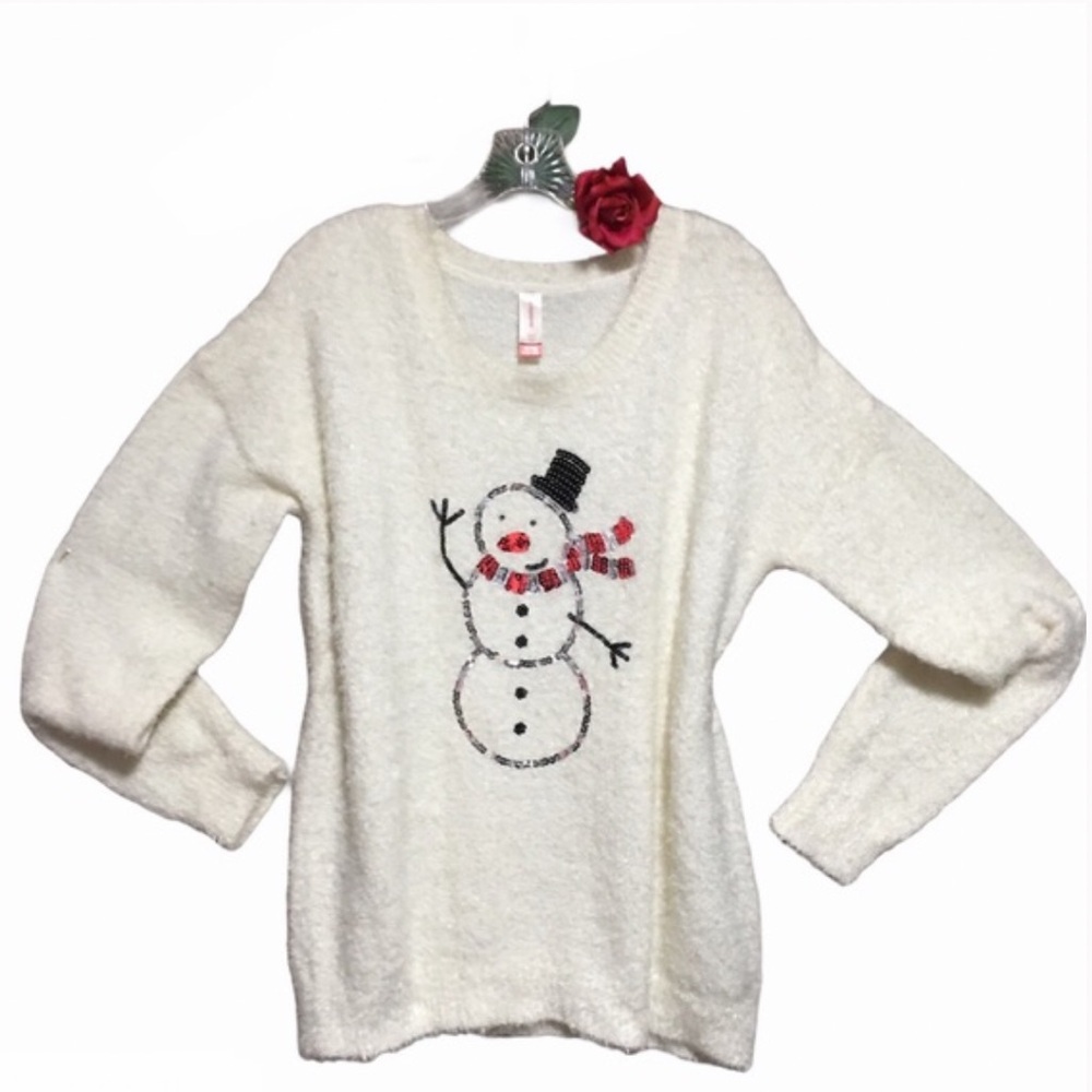 No Boundaries Junior Sequin Snowman Fuzzy Eyelash Sweater Junior Size Medium 7-9